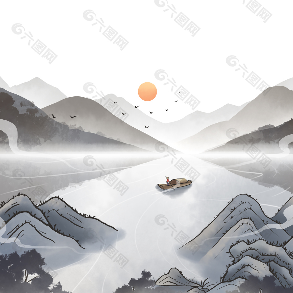 水墨插画简约山水设计元素