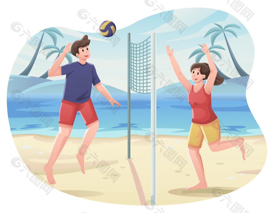 扁平风男女打沙滩排球场景插画