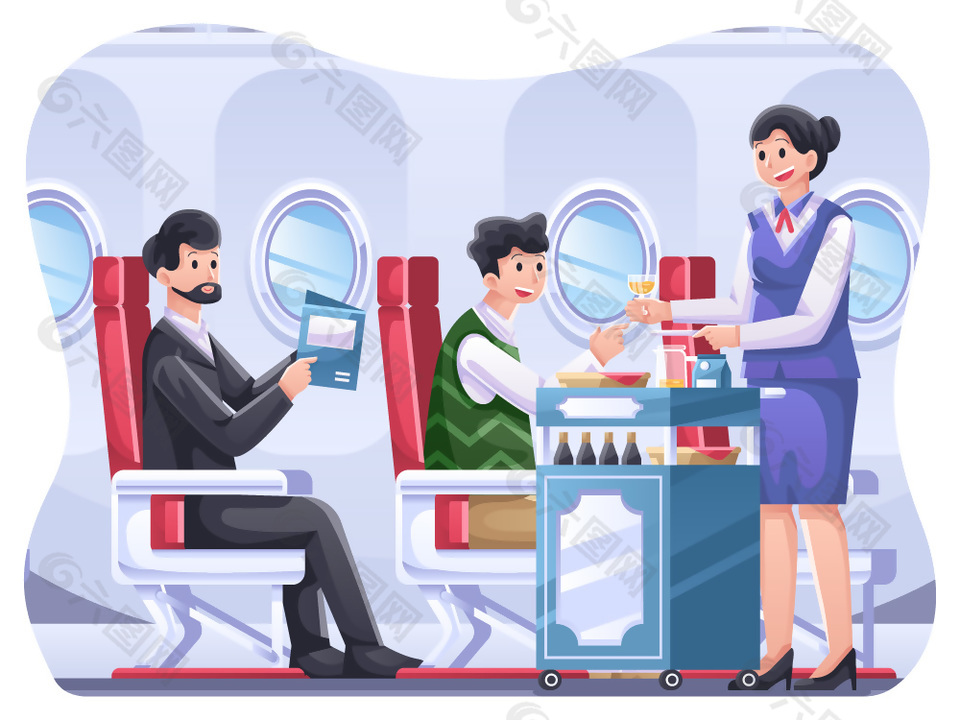 飞机乘务员服务旅客人物场景插画设计