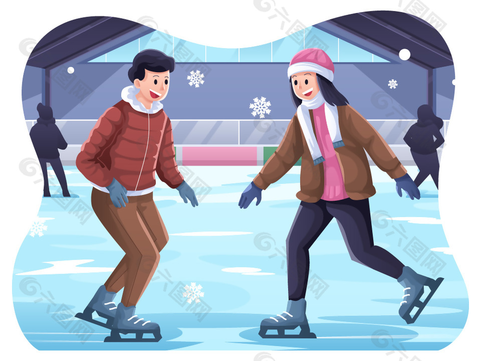 情侣溜冰场滑冰人物场景插画