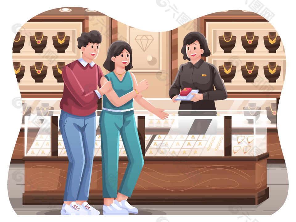 情侣买金首饰卡通插画图片素材