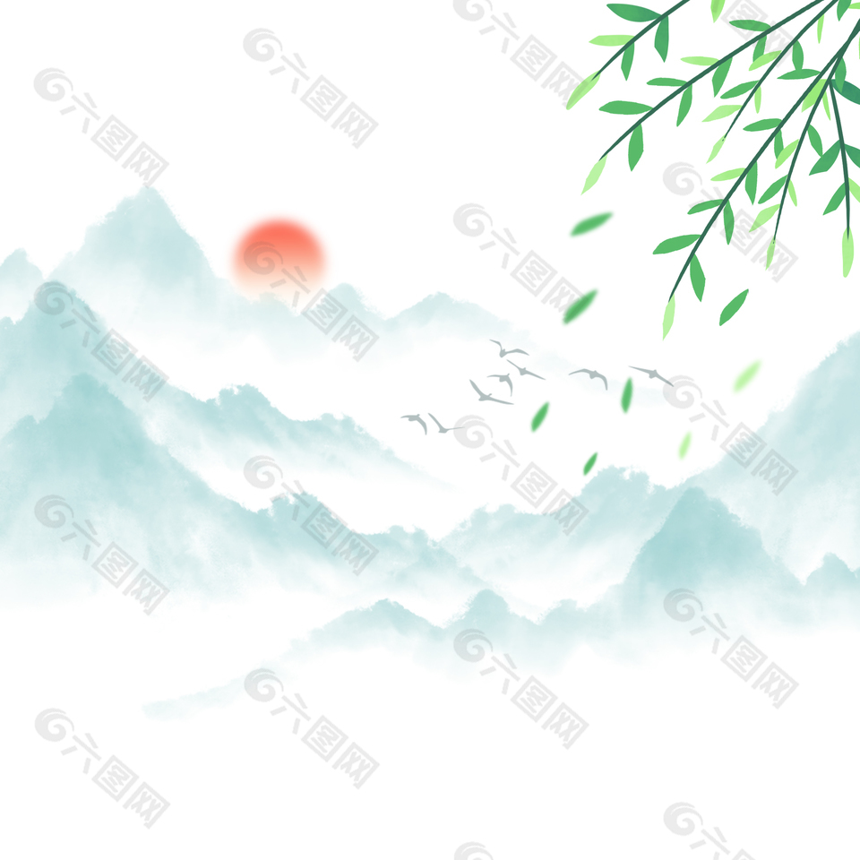 清新春日山水插画设计模板