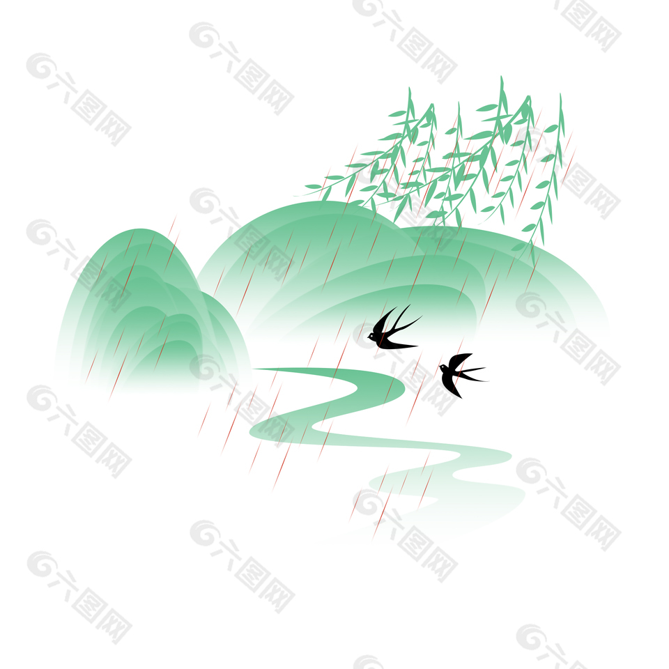 春日柳叶燕子元素设计模板