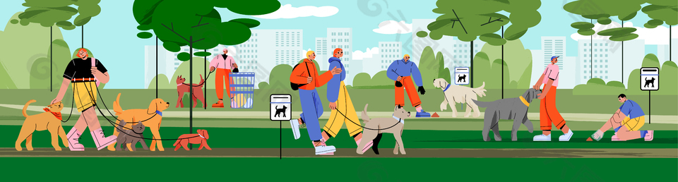 春季公园遛狗插画