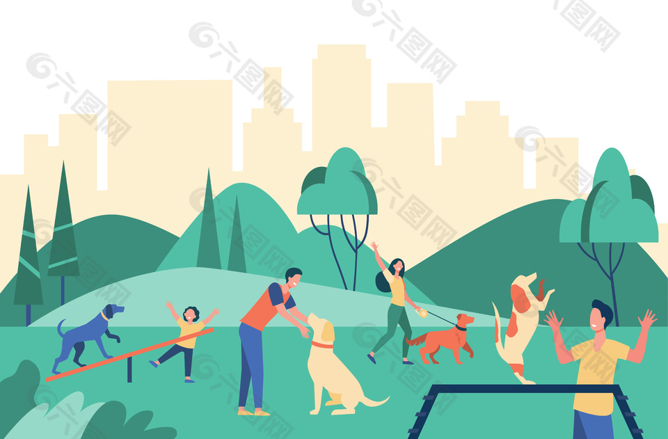 公园遛狗插画