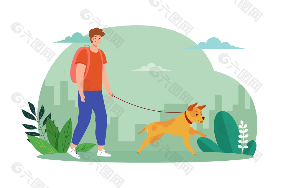 悠闲简单遛狗插画