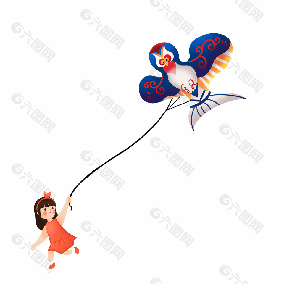 卡通女孩放风筝设计素材下载