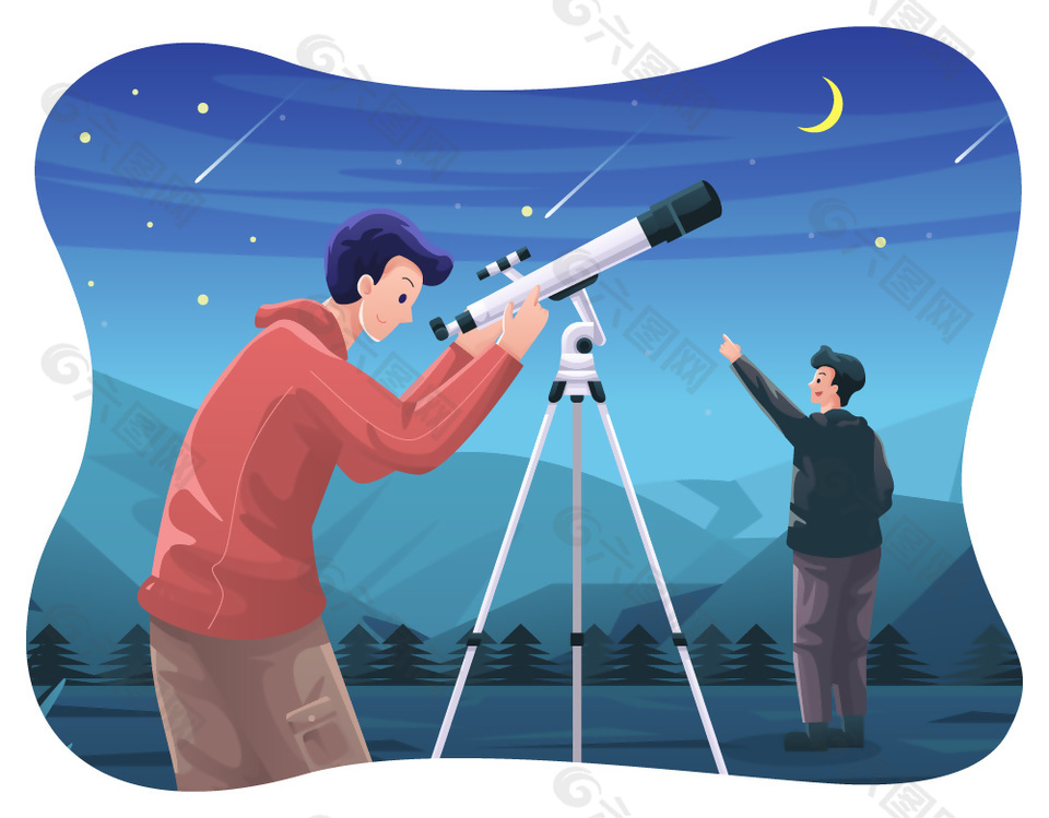 夜晚用天文望远镜看流星雨扁平场景人物插画