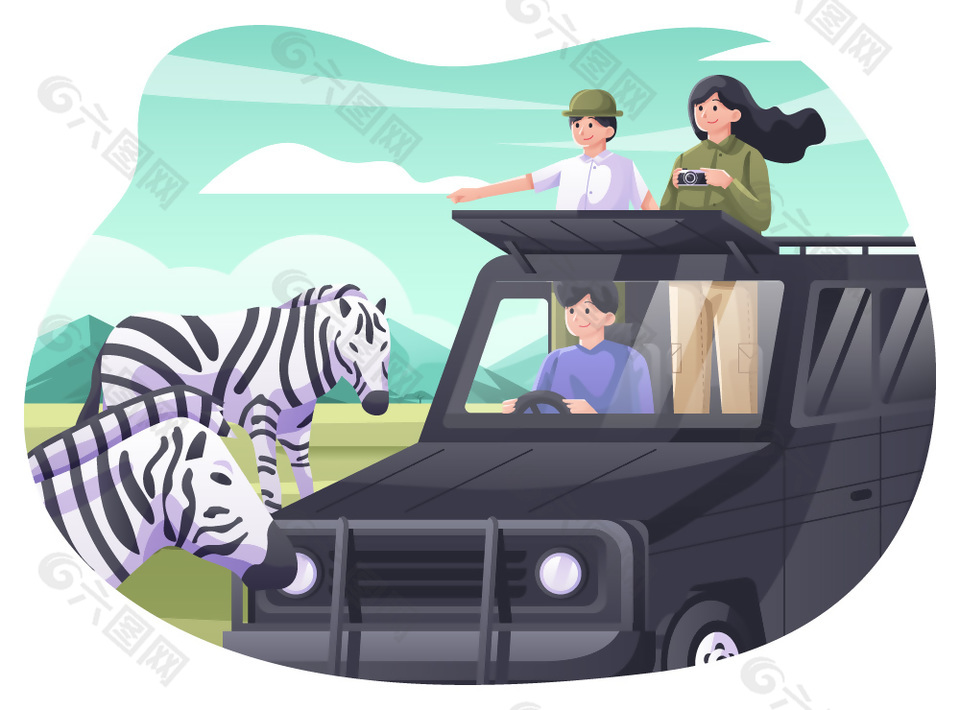 动物园自驾游趣味场景插画图片