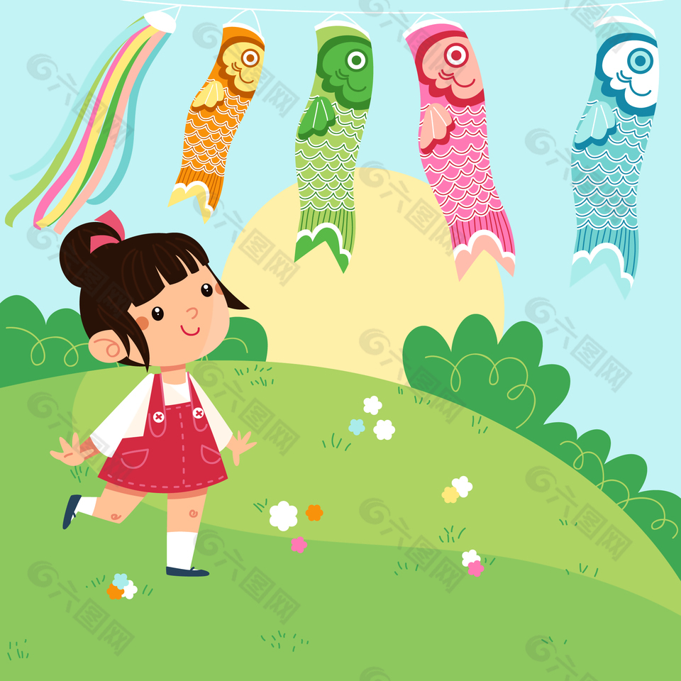 女童公园跑步插画素材