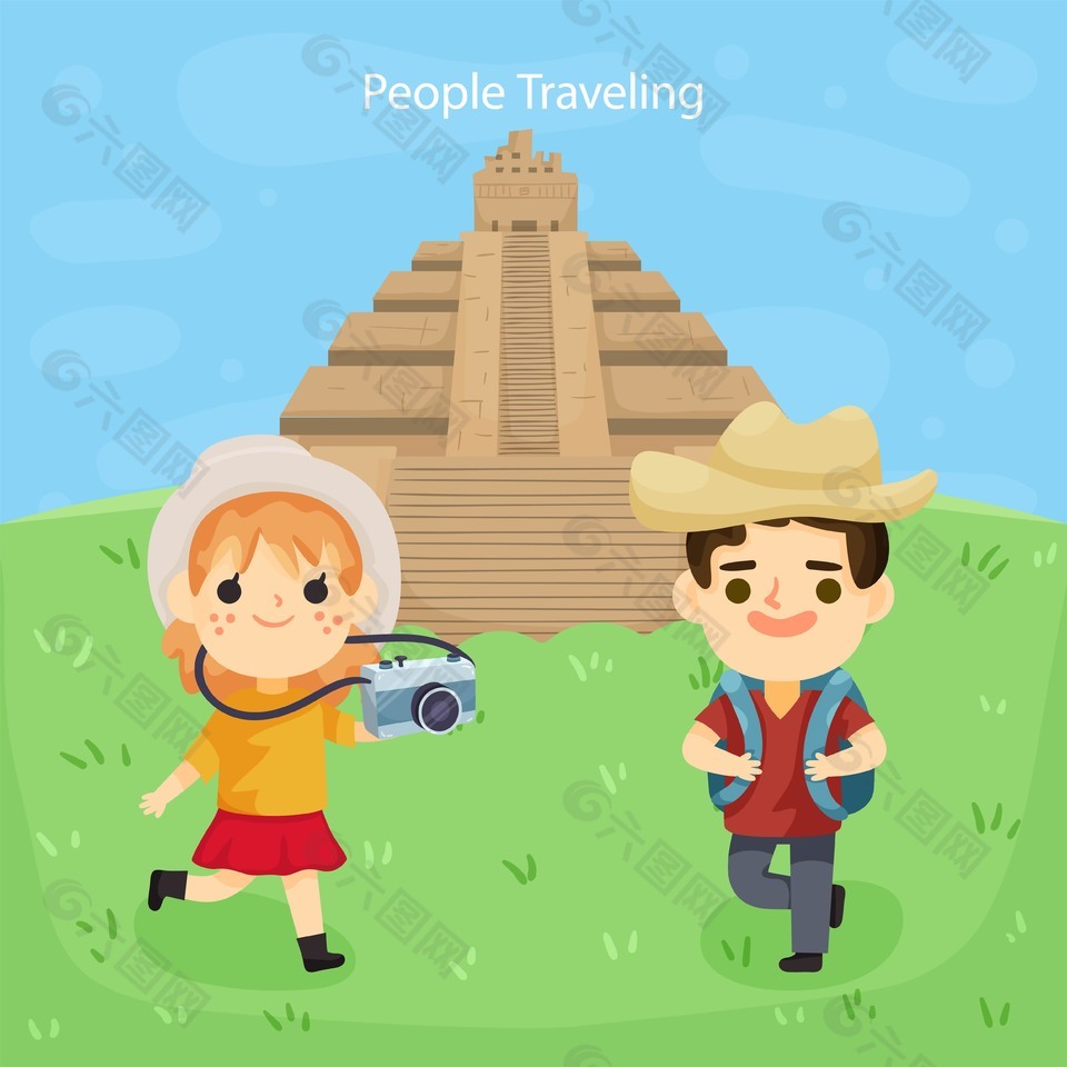 假期出国旅行旅游人物插画