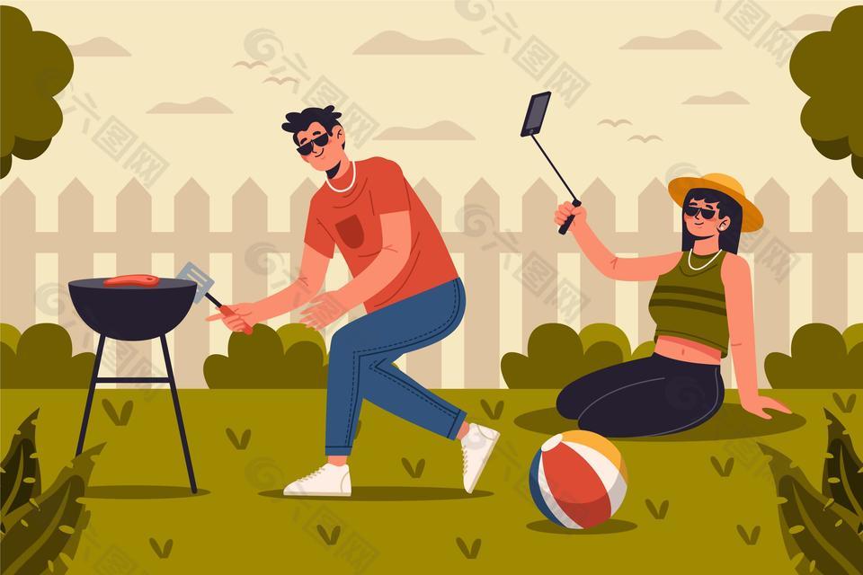 公园烧烤插画
