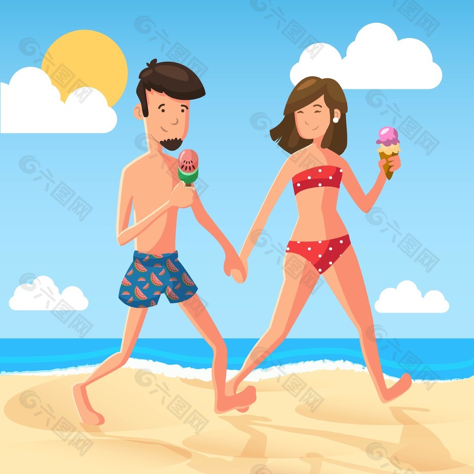 沙滩度假旅行人物插图