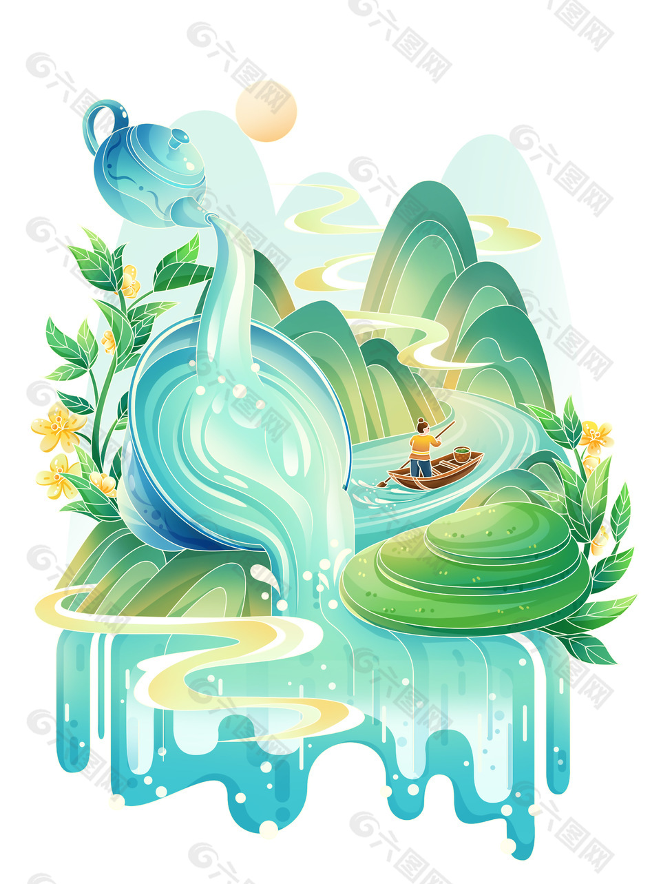 国风山水手绘摇船插画模板素材下载