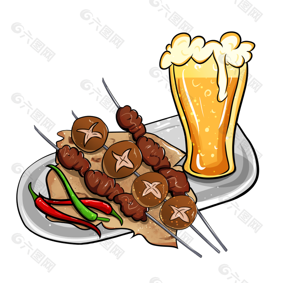 趣味手绘美味啤酒烧烤插画素材下载