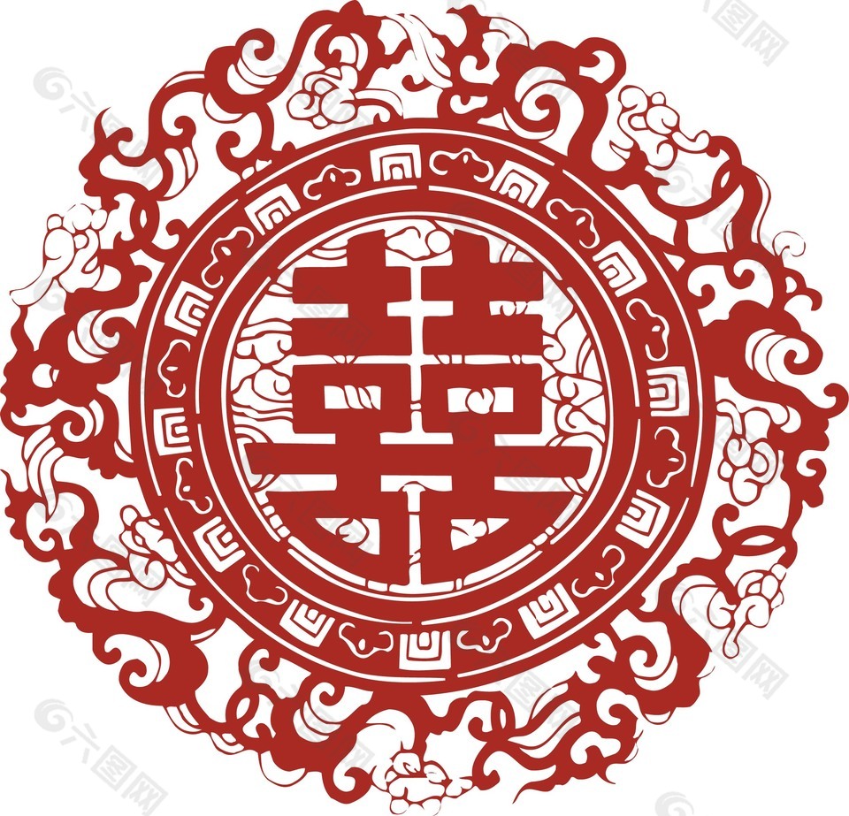 中国风红双喜剪纸窗花