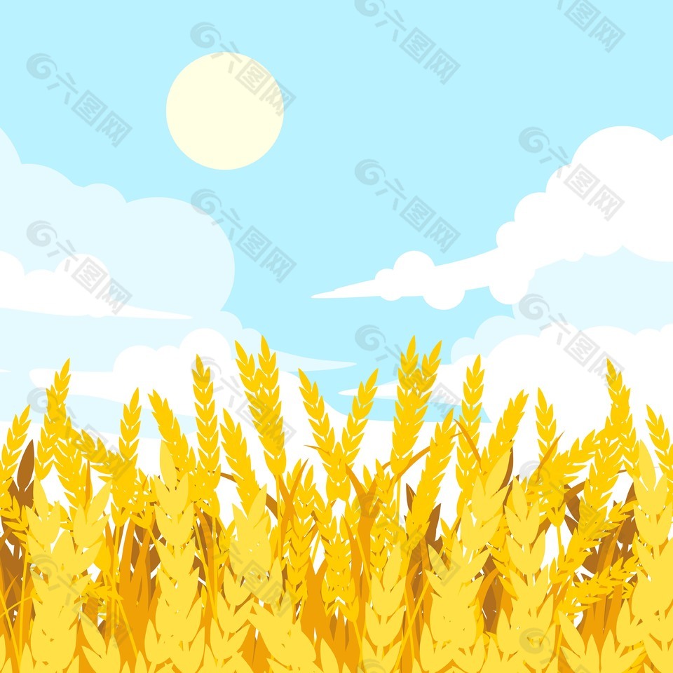 蓝天白云金色麦田风景插画