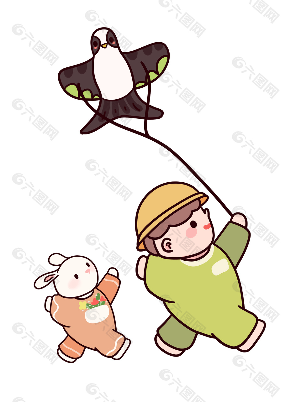 手绘小男孩放风筝创意插画