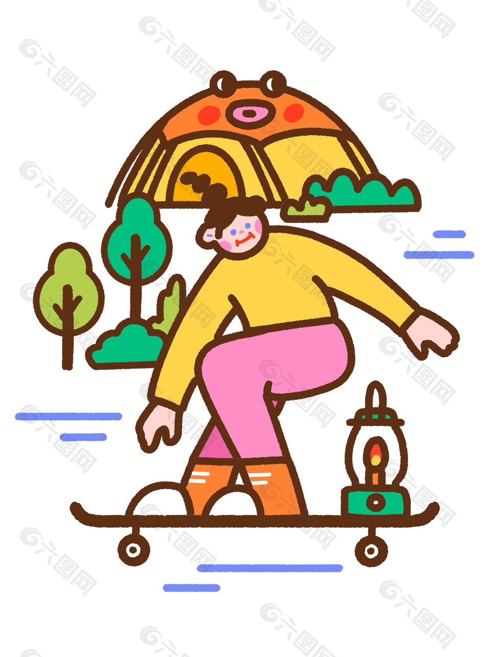 卡通女孩玩滑板户外露营涂鸦插画