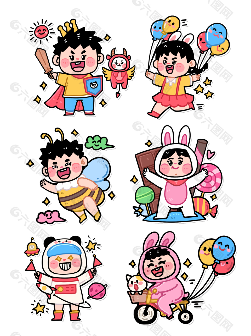 六一儿童节多彩卡通人物趣味贴纸设计