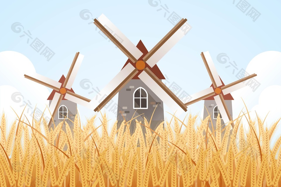 有机农场麦田风景插画