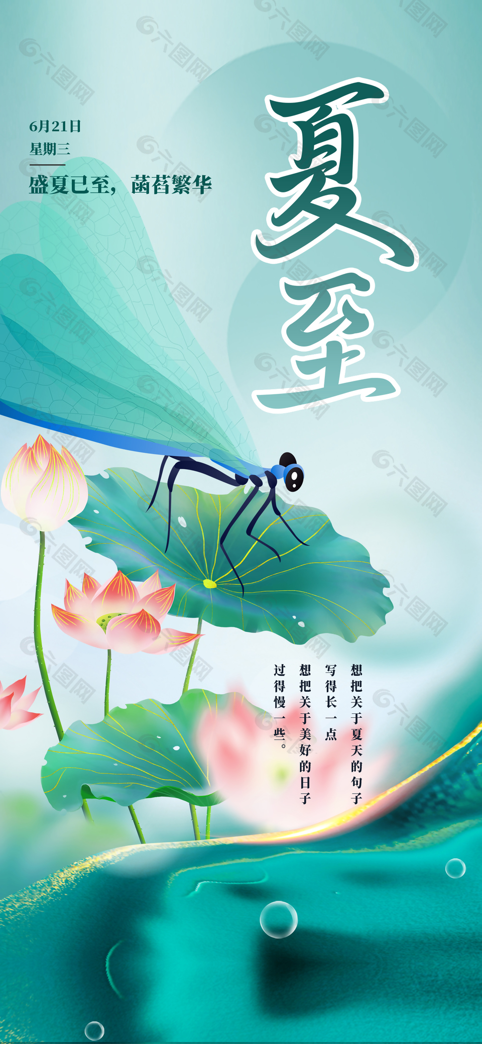 蜻蜓立荷传统夏至节气国潮手绘海报
