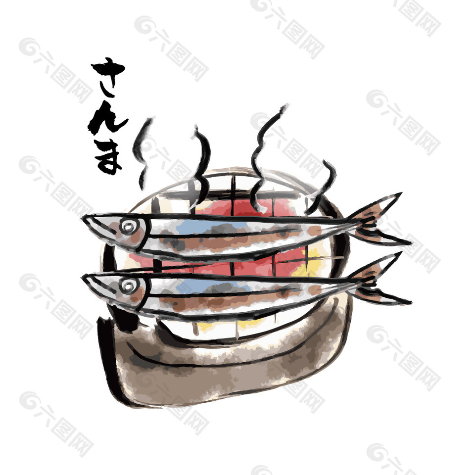 日式烤秋刀鱼插画