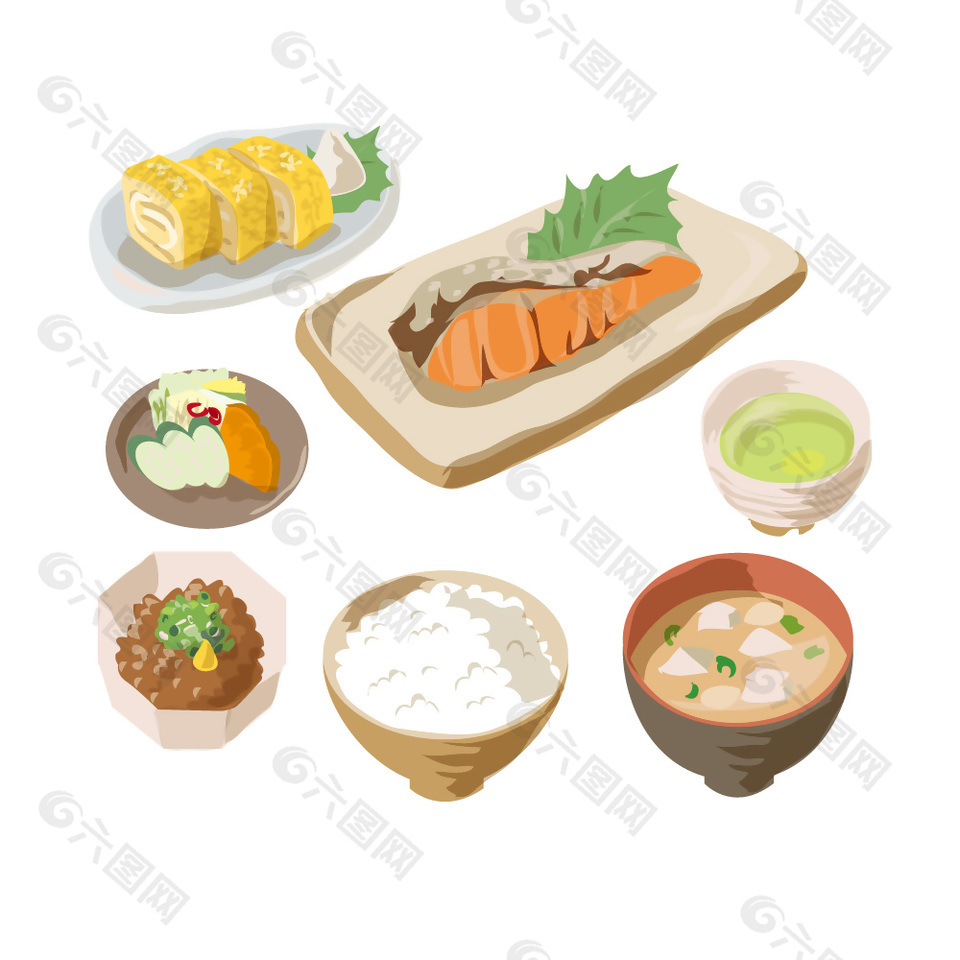 日式三文鱼定食早餐插画
