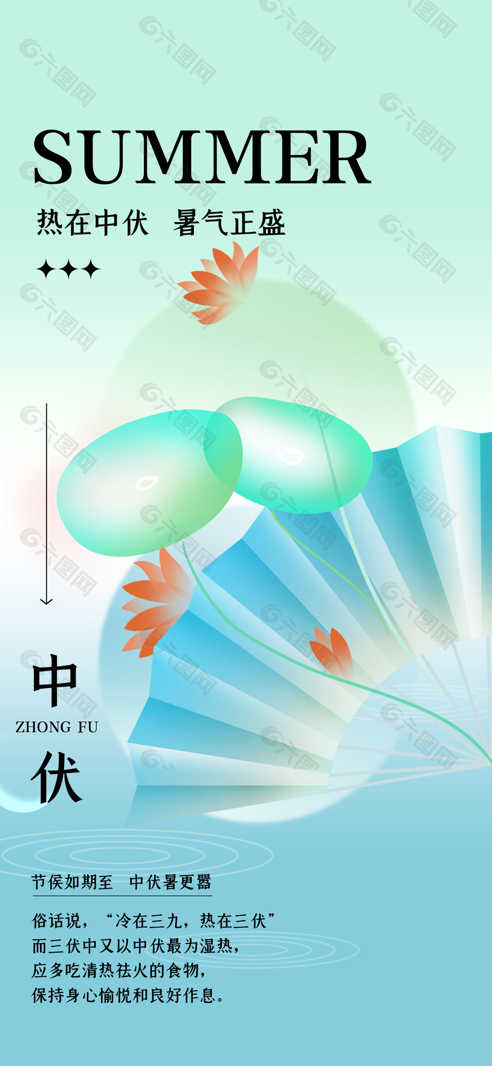 热在中伏暑气正盛蓝色清新主题海报