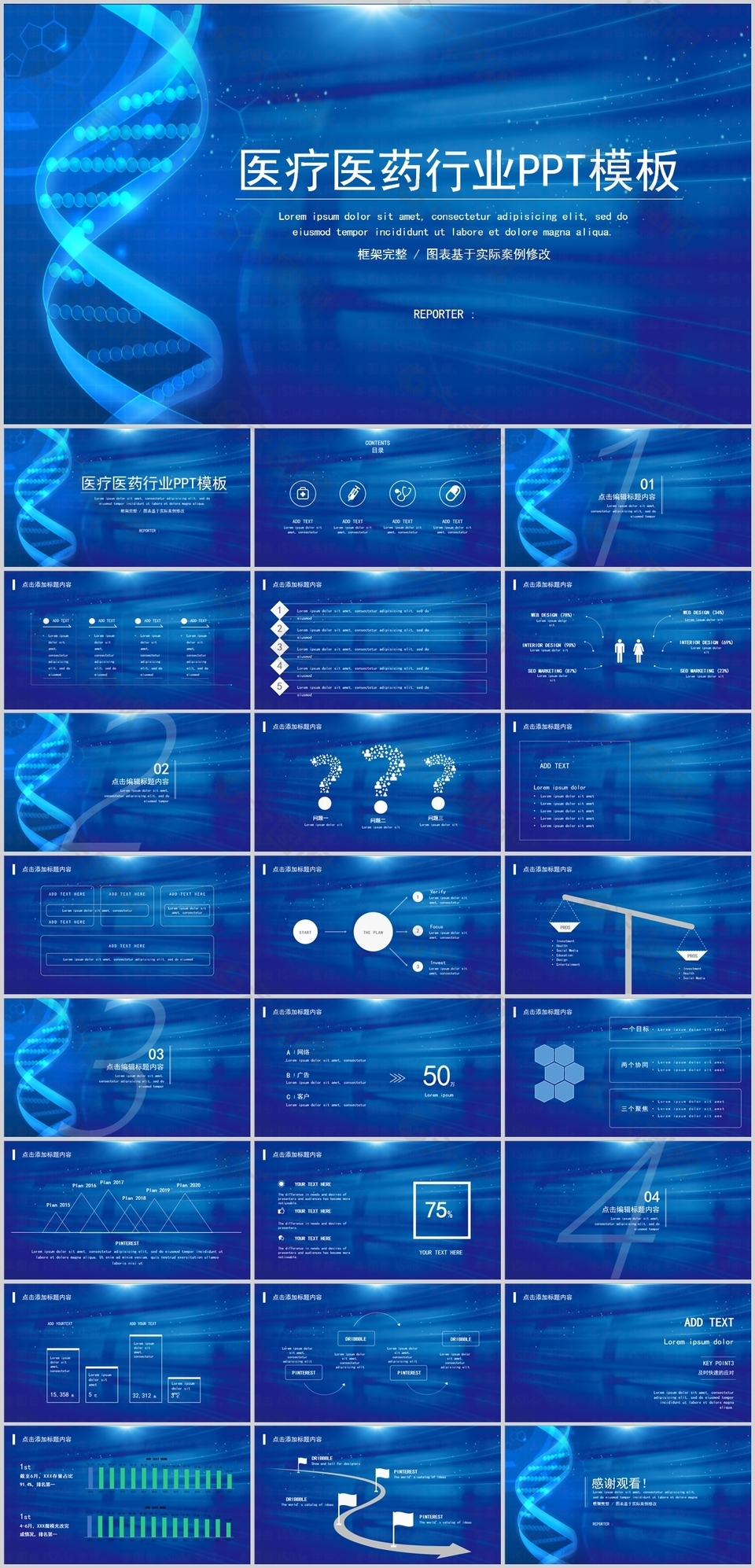 蓝色框架完整医疗医药行业工作PPT模板