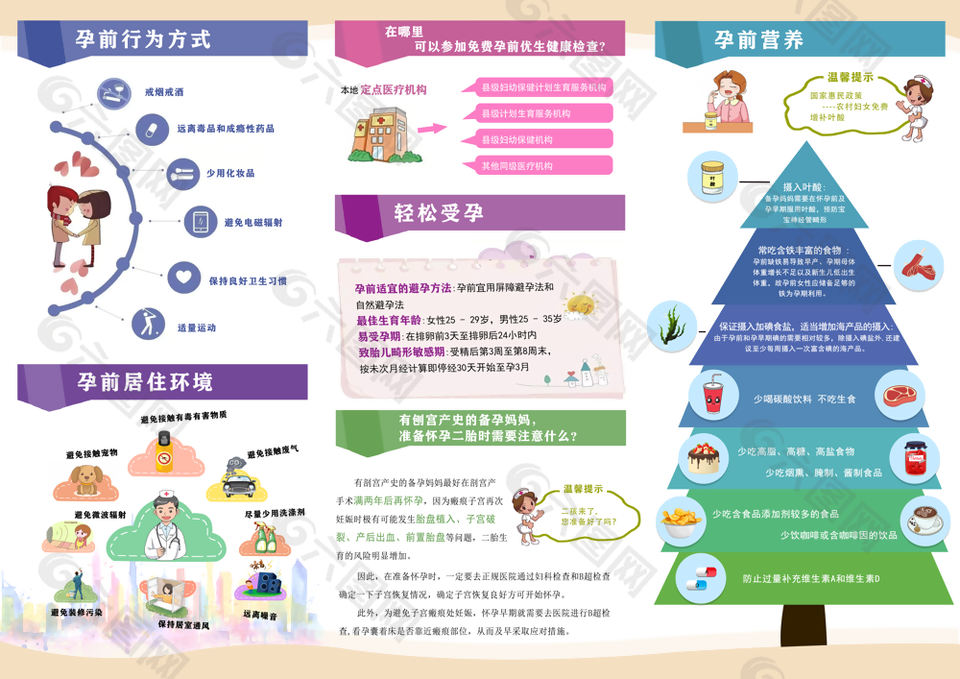 温馨卡通孕前知识宣传健康检查三折页手册