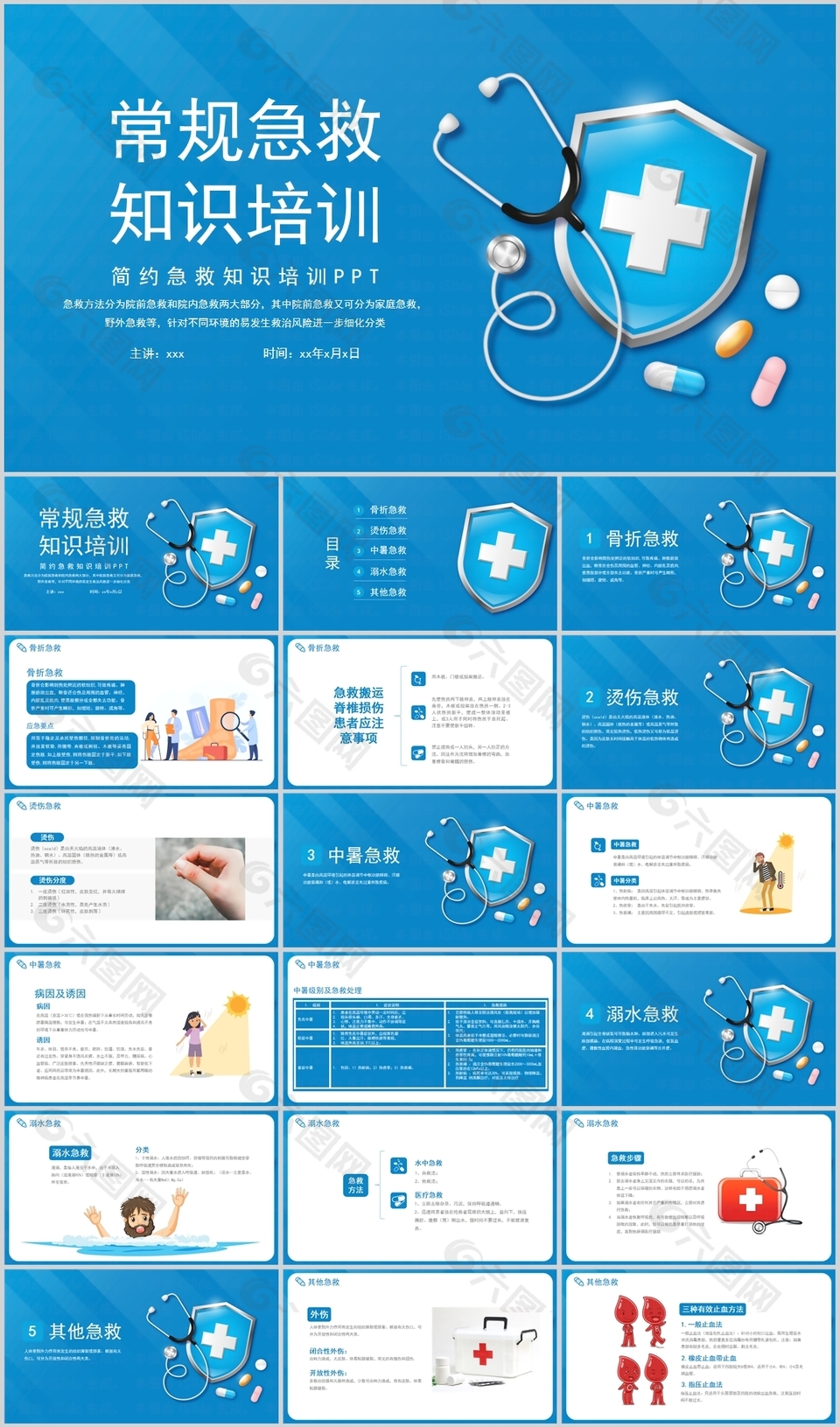 蓝色实用常规急救知识培训课件PPT模板