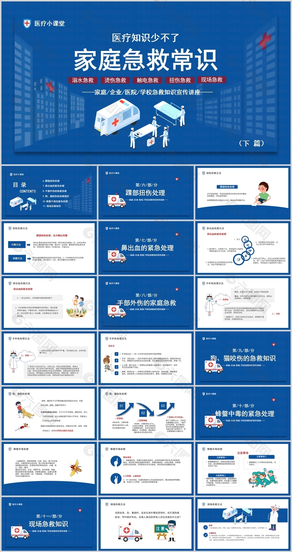 蓝色扁平风家庭急救常识宣传讲座PPT模板