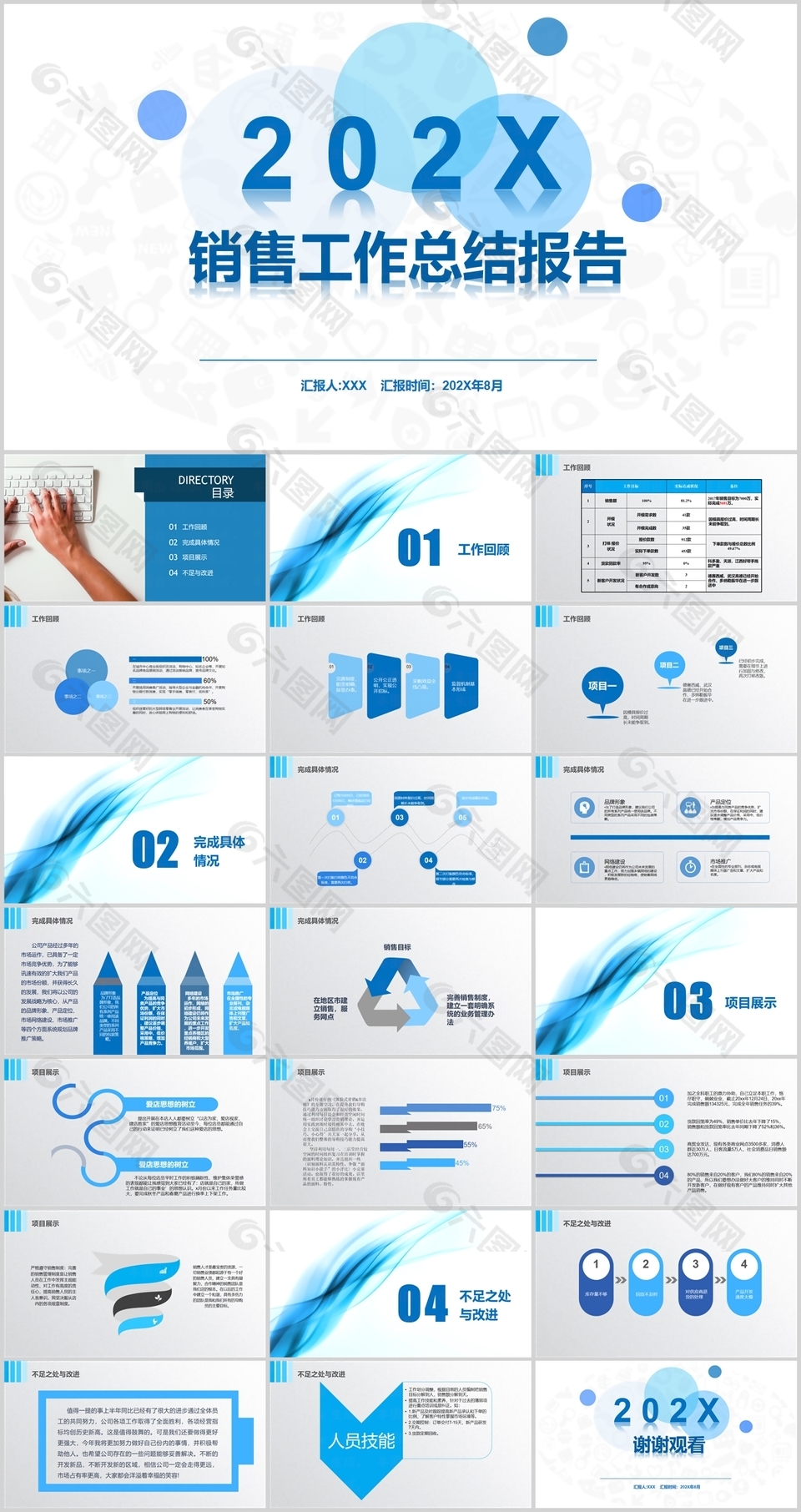 简约蓝色几何风销售工作总结报告PPT