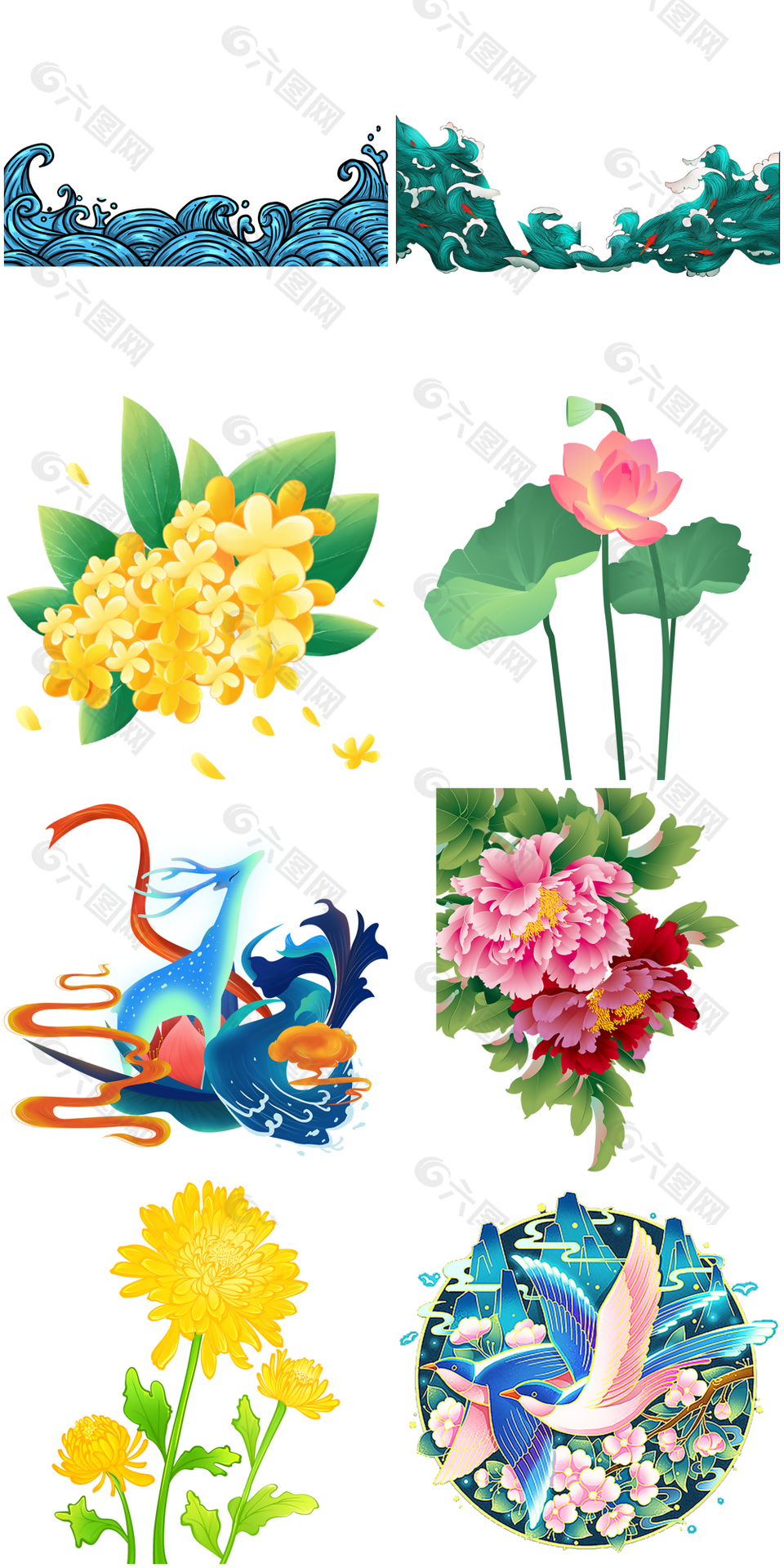 国潮风花卉山水祥瑞装饰图案设计