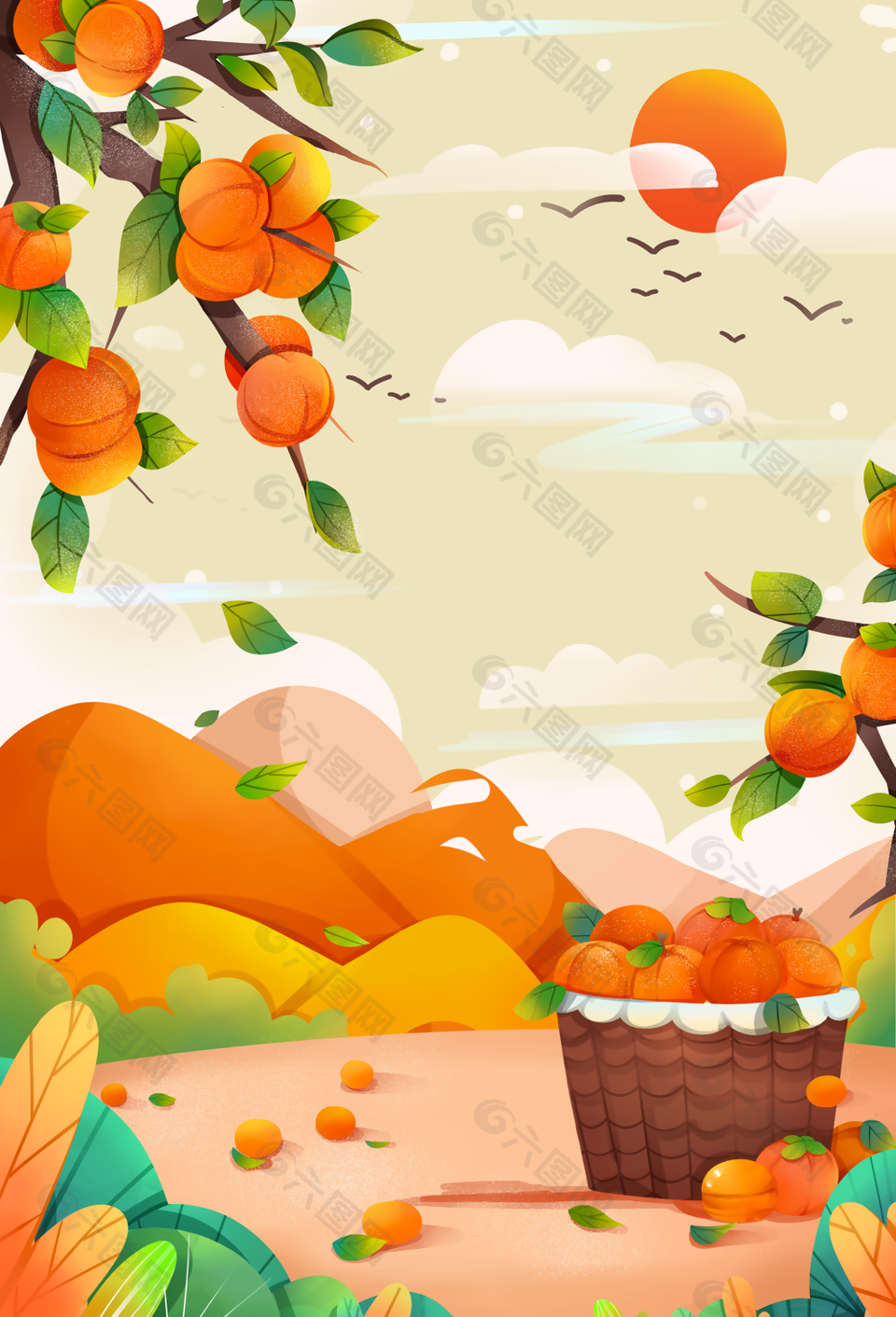 扁平插画风霜降节气主题H5背景图