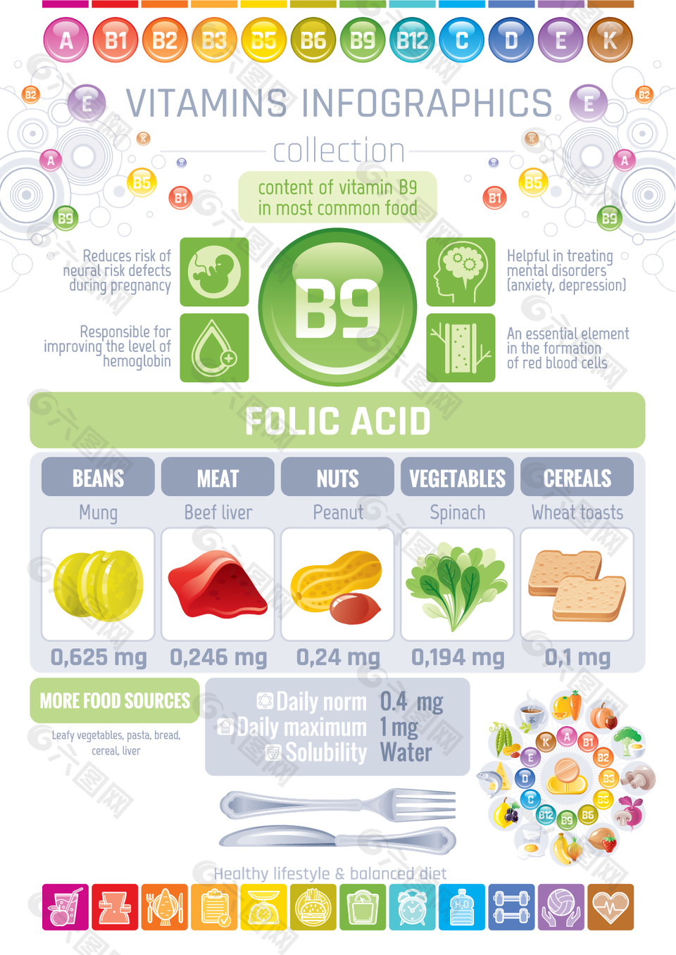 卡通风营养维生素B9信息表