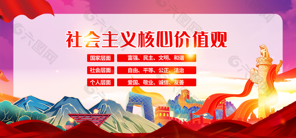 精美国风社会主义核心价值观党建展板