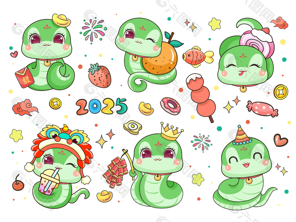 绿色卡通可爱生肖蛇系列插画