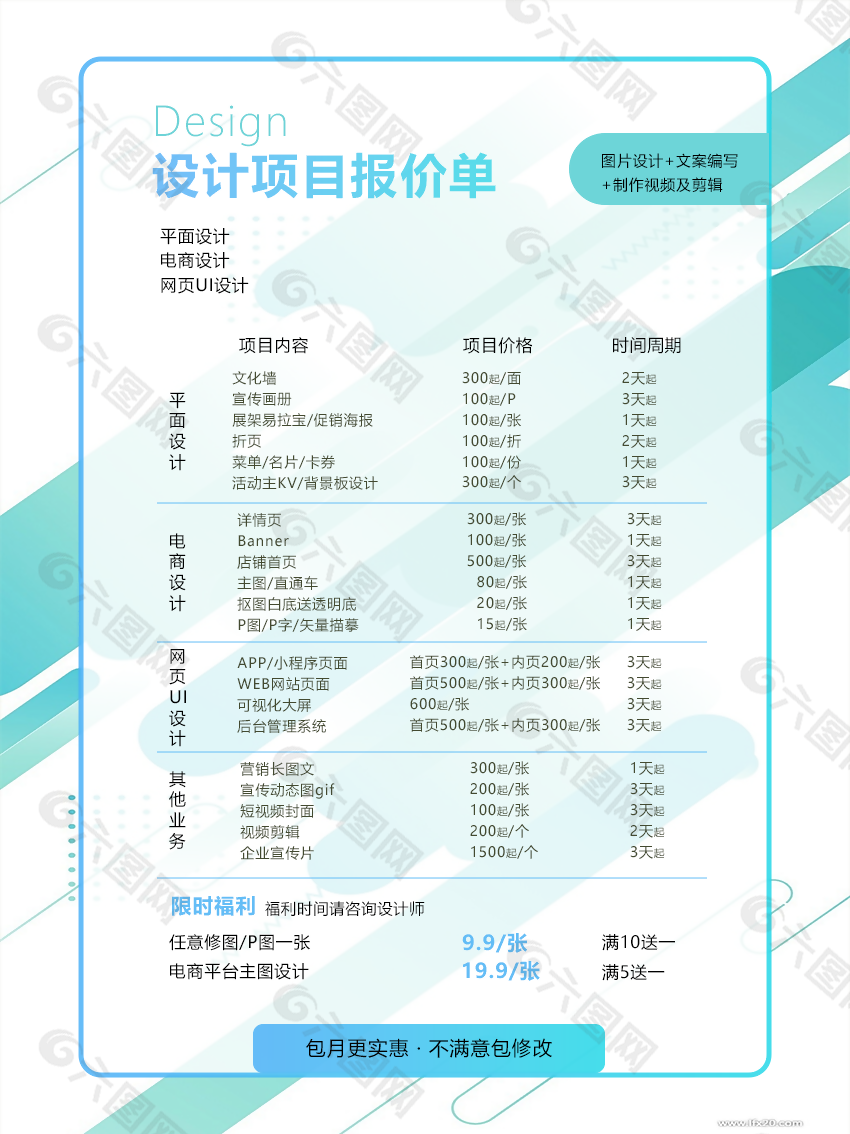 简约蓝色平面电商网页设计项目报价单