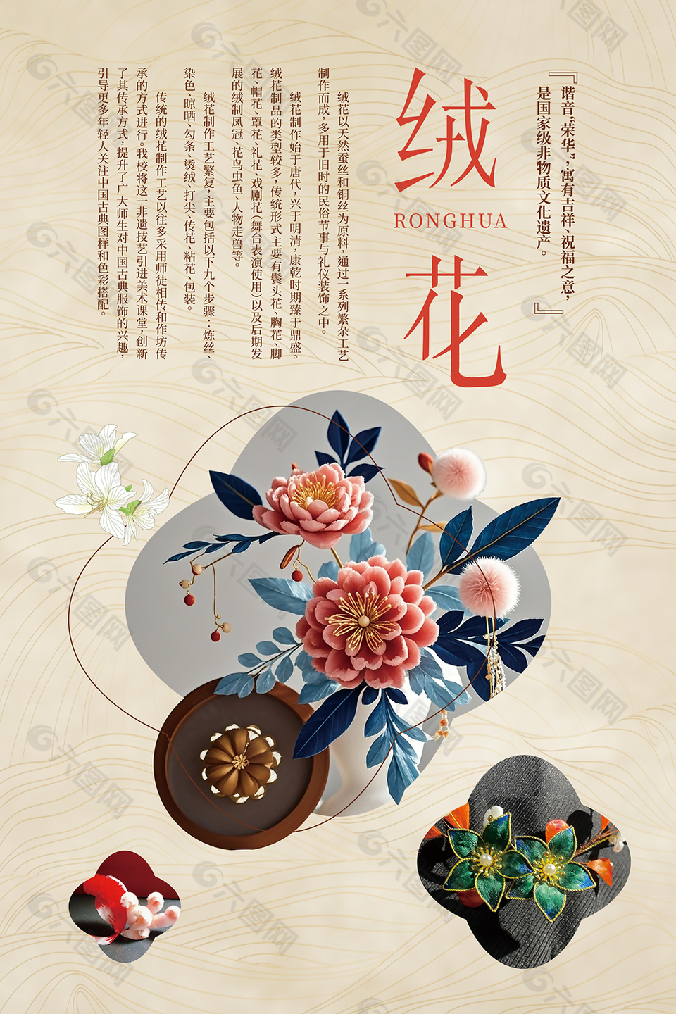 创意传统非遗文化绒花主题海报