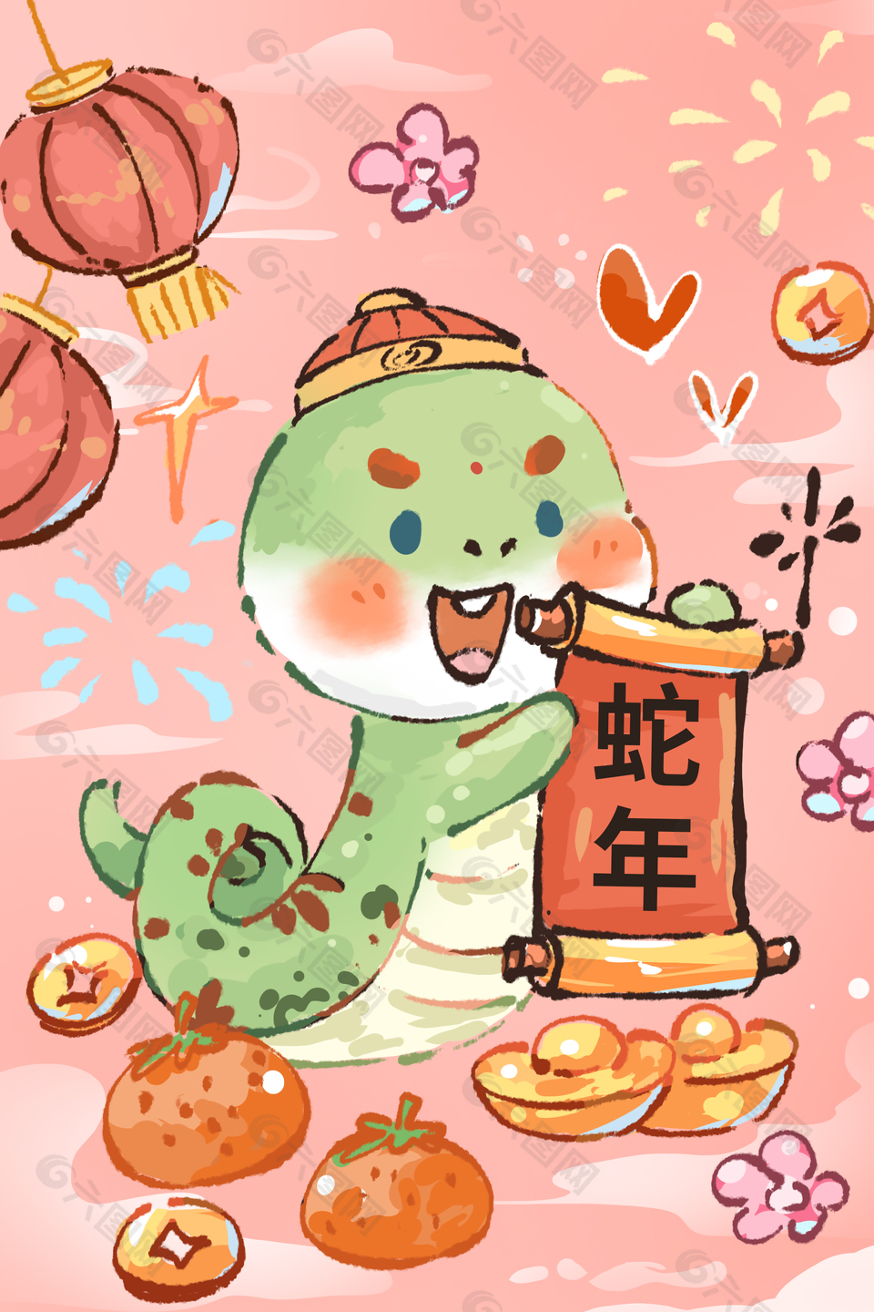 蛇年新春趣味手绘卡通蛇主题插画