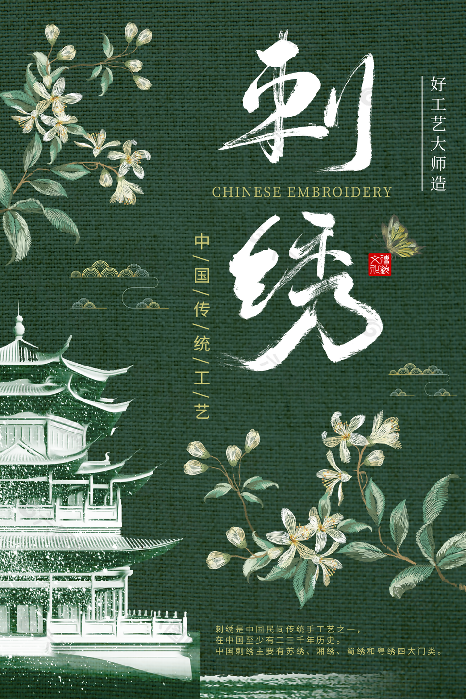 古典中国风绿色中国传统工艺刺绣海报