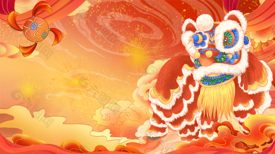 喜庆橙红2025蛇年春节舞狮插画设计