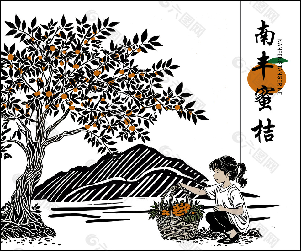 手绘雕刻风南丰蜜桔食品包装设计