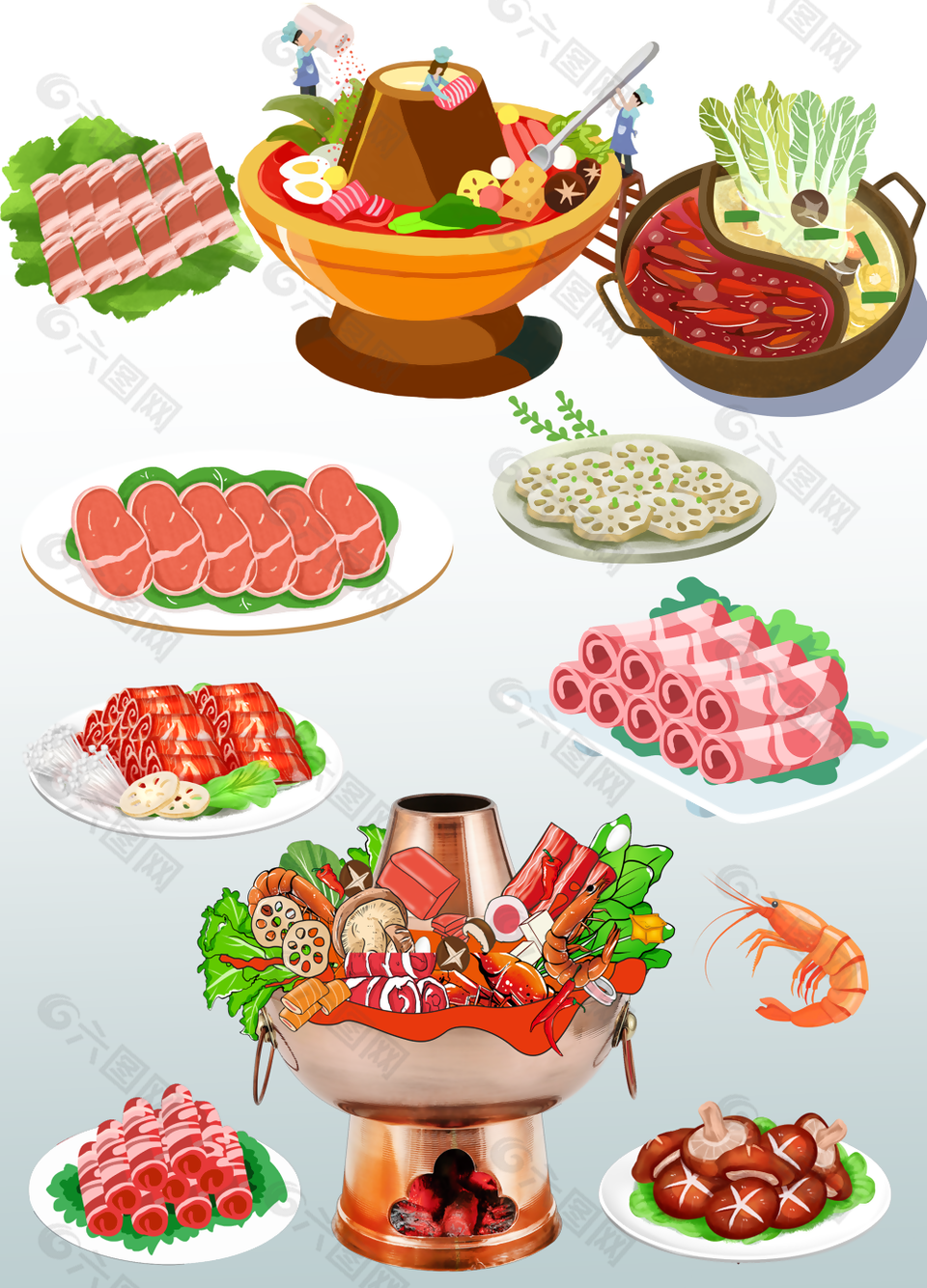 创意手绘风新鲜食材涮火锅插画装饰图案