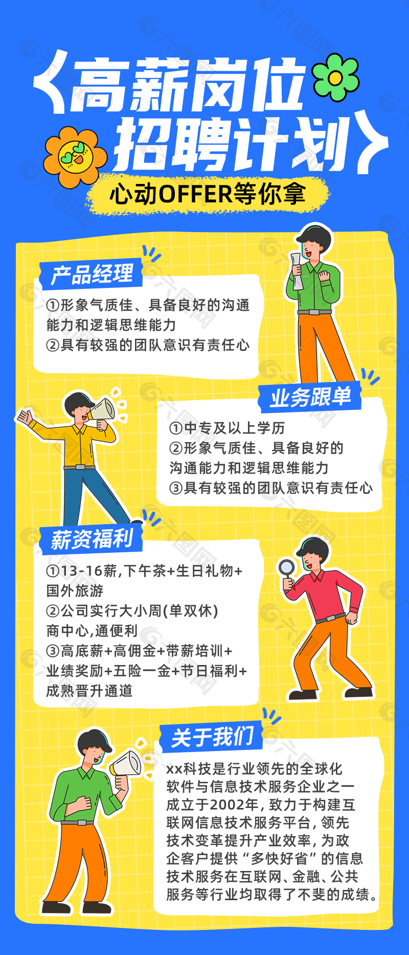 蓝色创意卡通高薪岗位招聘海报
