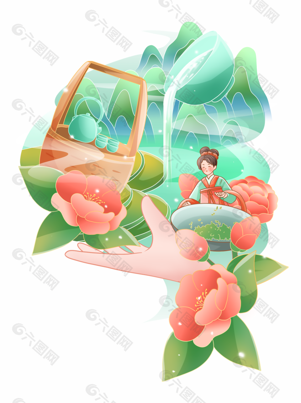 中国风春茶绿色清新手绘插画