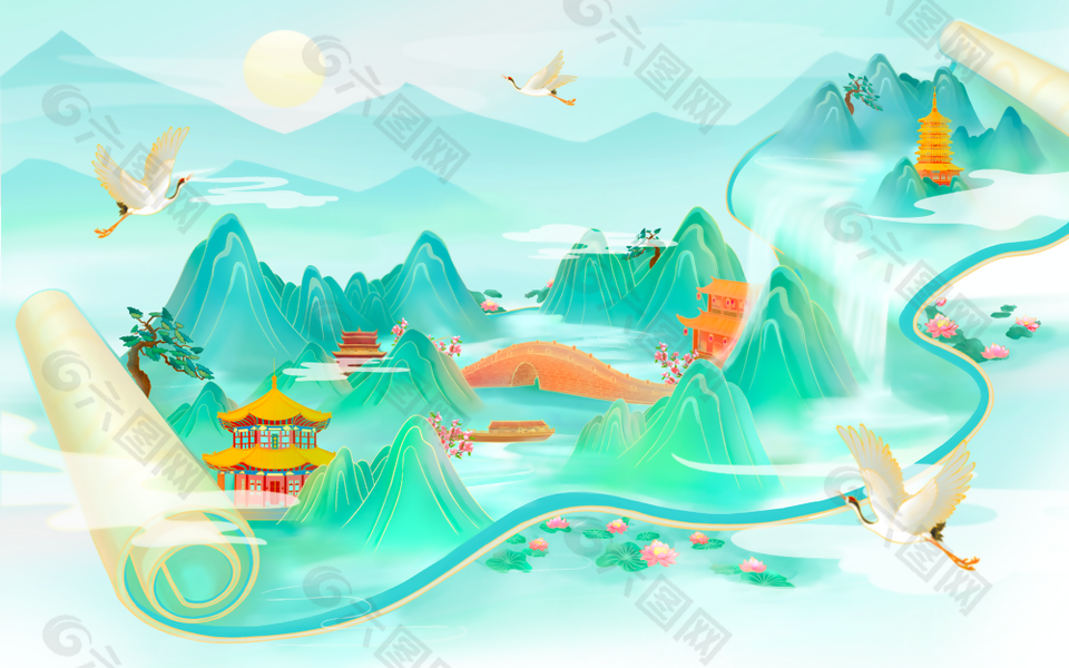 中国风国潮手绘山水卷轴插画
