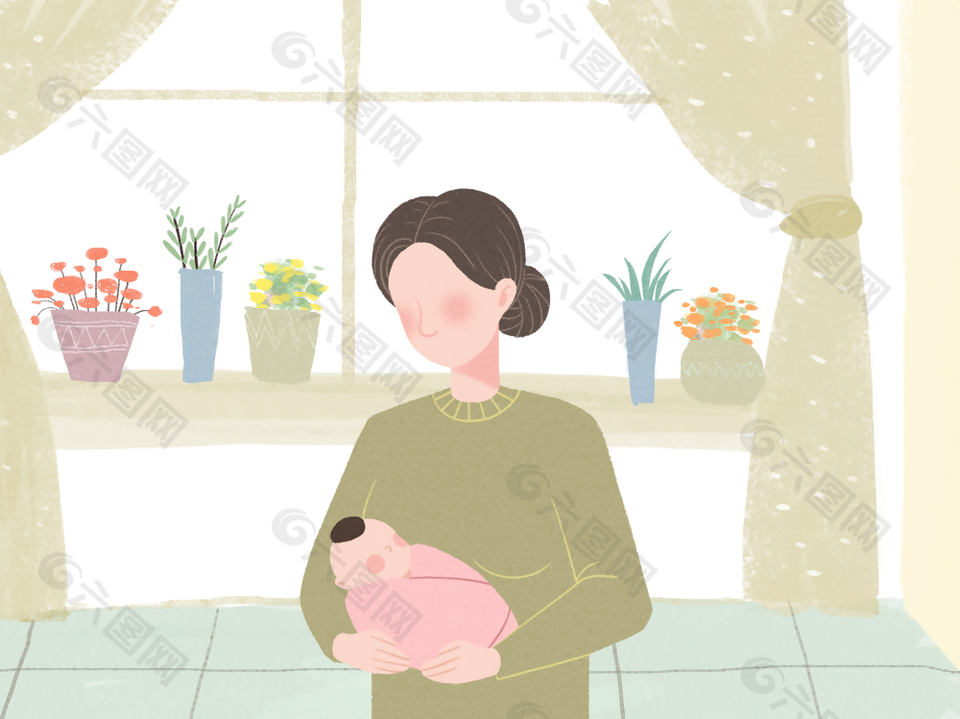 手绘母婴主题室内温馨插画